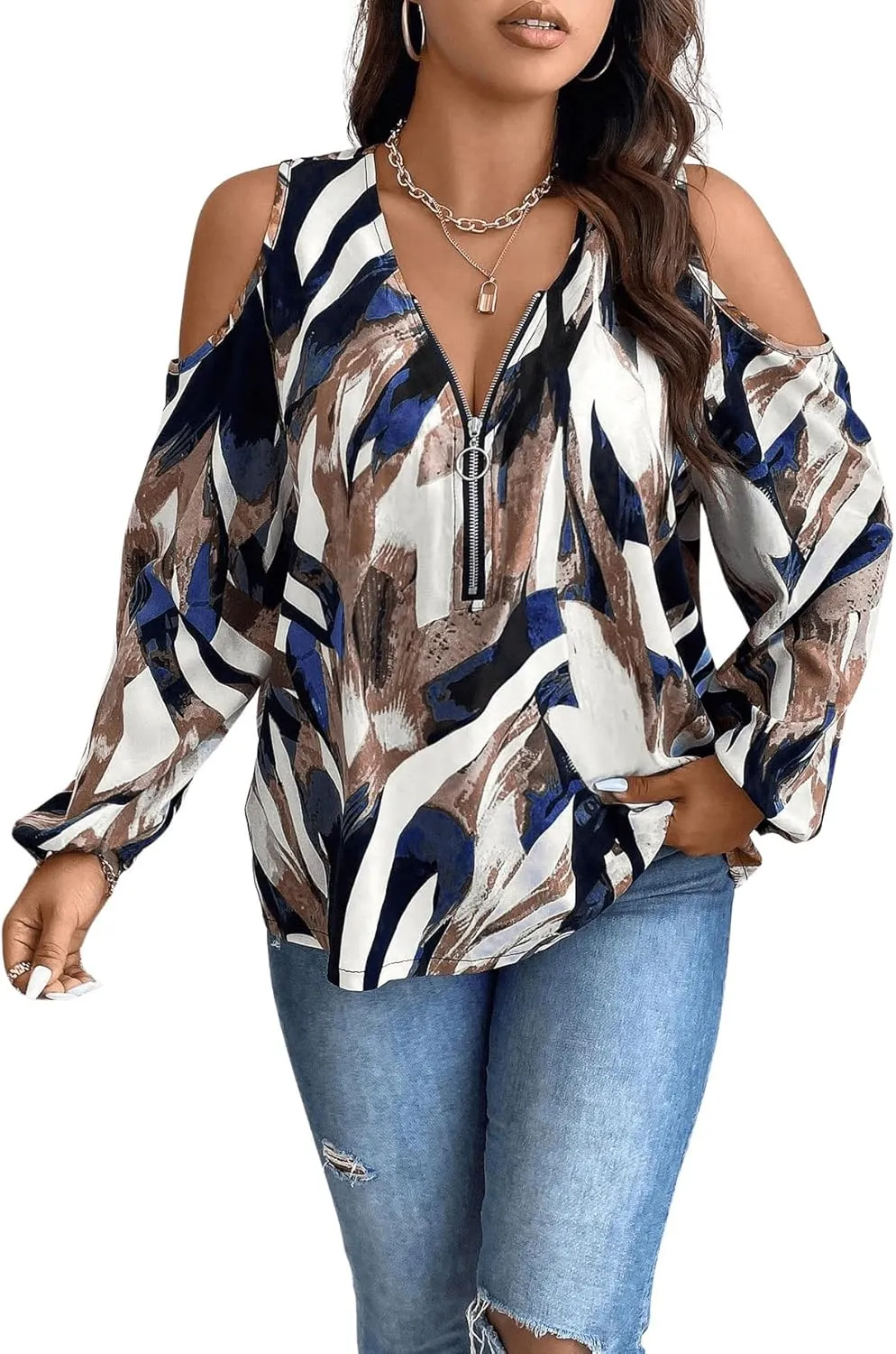 SOLY HUX Women's Plus Size Blouse Allover Print Cold Shoulder Bishop Long Sleeve Half Zip Tops