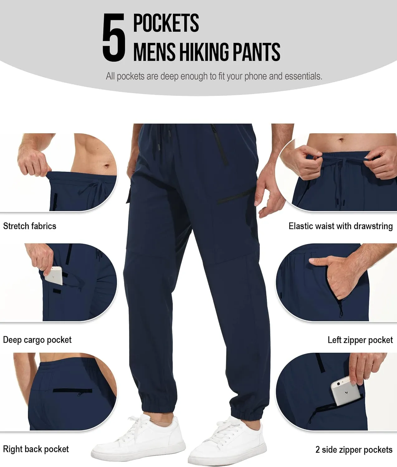VAYAGER Men's Lightweight Joggers Quick Dry Hiking Cargo Pants Stretch Running Athletic Golf Pants with Zipper Pockets