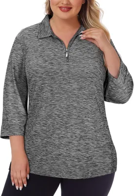 Viracy Plus Size Womens Golf Polo Shirts 3/4 Sleeve Zip Up Quick Dry Workout Tops