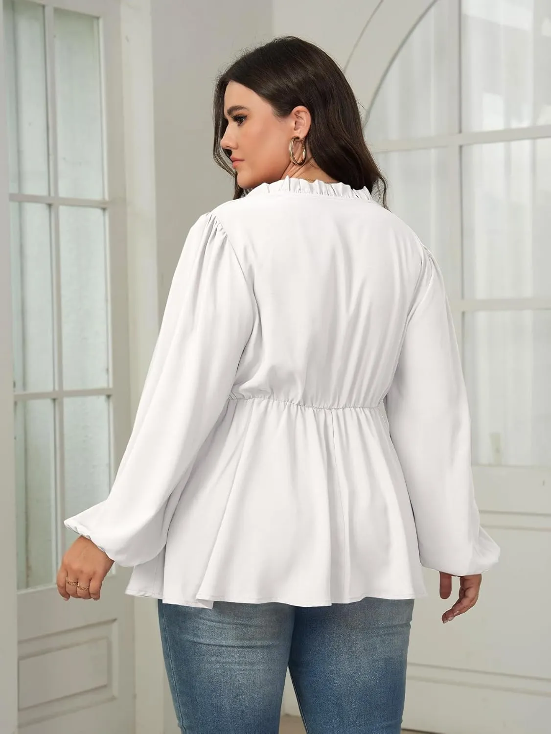 Womens Plus Size Blouse Tops Long Sleeve Tie Front Work Tops Dressy Casual Flowy Ruffle Peplum Tops for Women