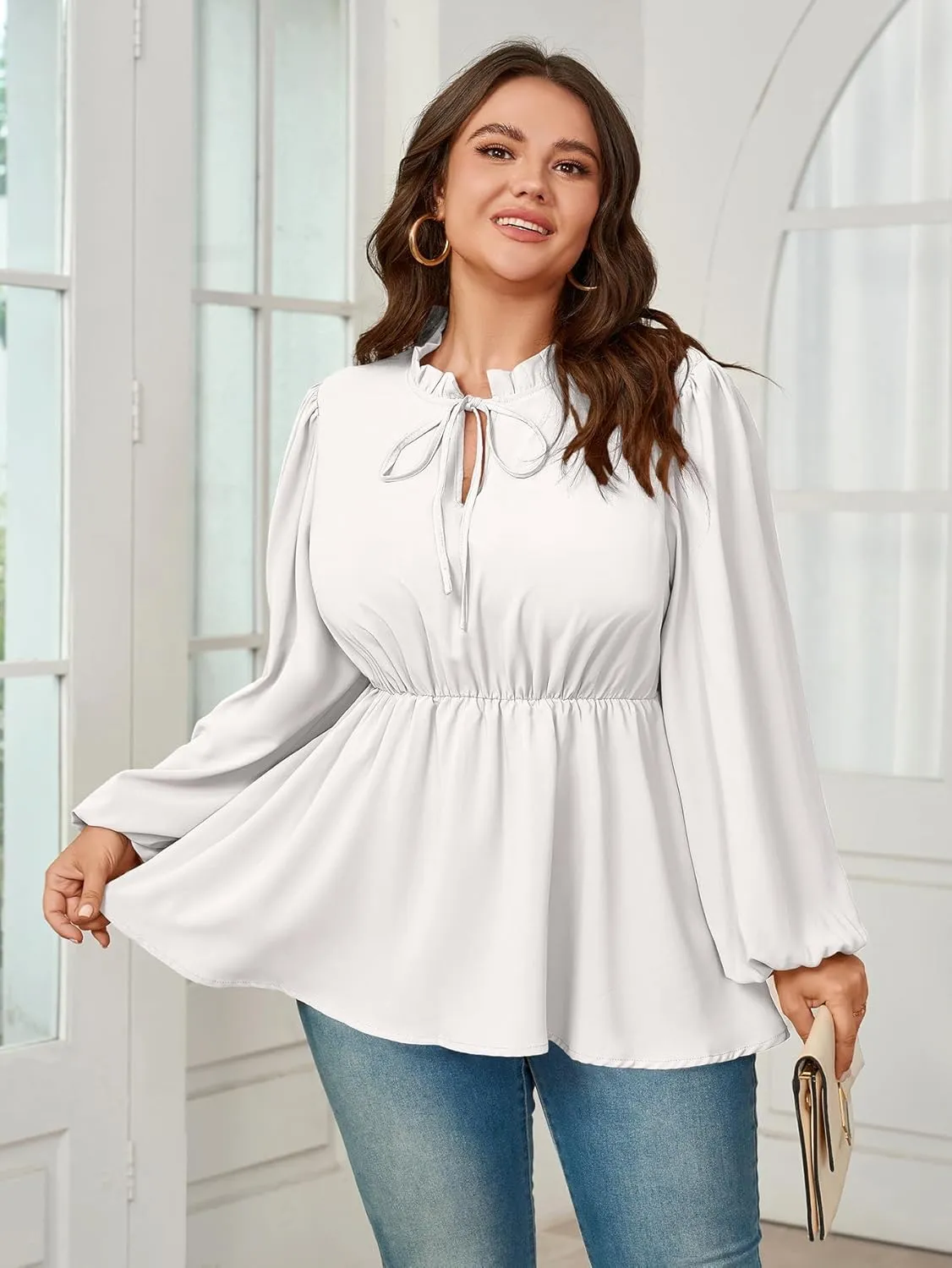 Womens Plus Size Blouse Tops Long Sleeve Tie Front Work Tops Dressy Casual Flowy Ruffle Peplum Tops for Women