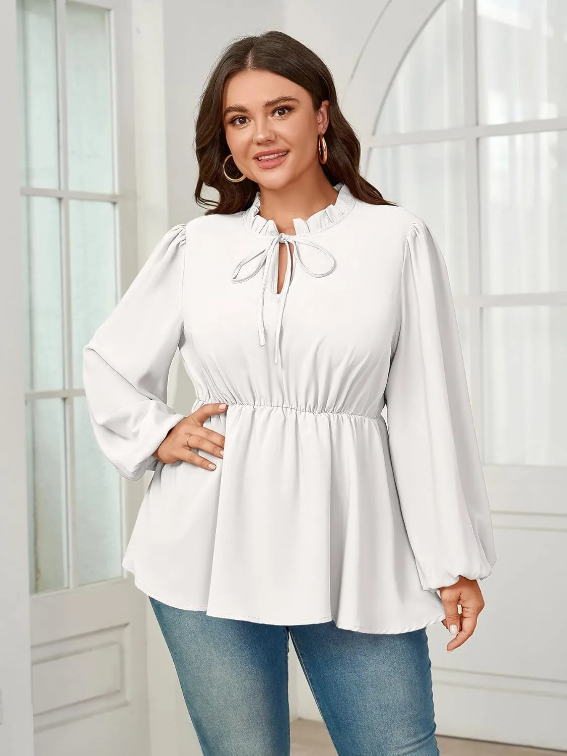 Womens Plus Size Blouse Tops Long Sleeve Tie Front Work Tops Dressy Casual Flowy Ruffle Peplum Tops for Women