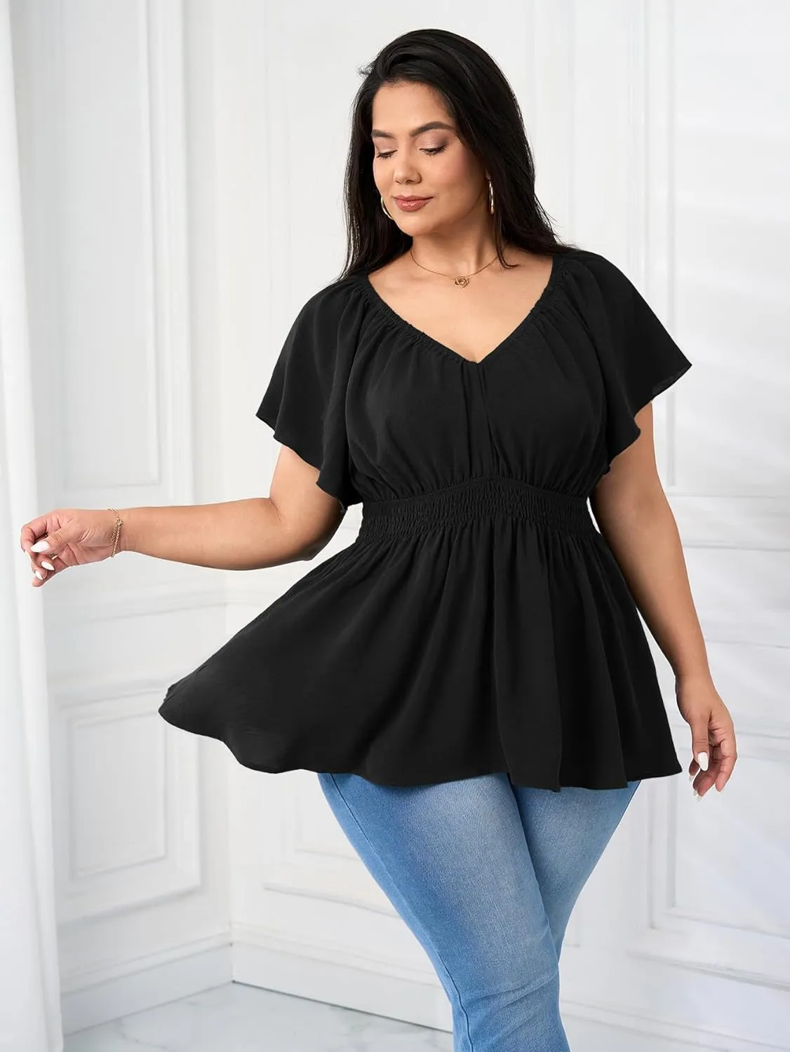 Womens Plus Size Tops V Neck Short Sleeve Blouse Babydoll Ruffle Peplum Smocked Dressy Casual Summer Top