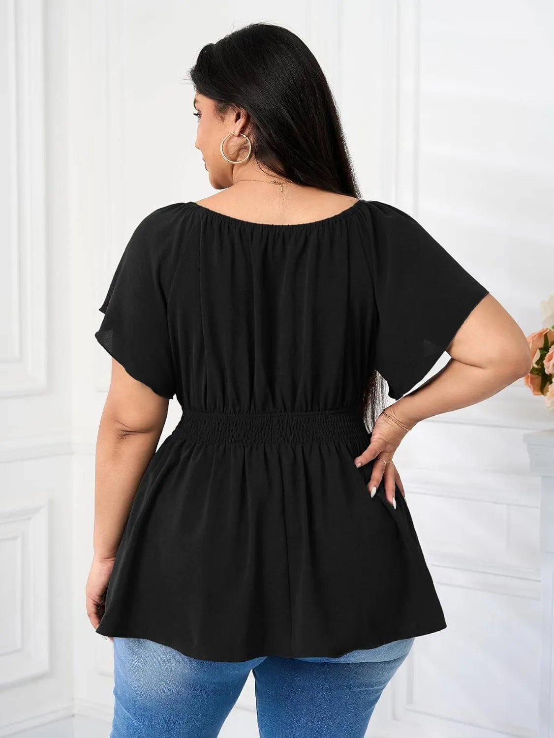 Womens Plus Size Tops V Neck Short Sleeve Blouse Babydoll Ruffle Peplum Smocked Dressy Casual Summer Top