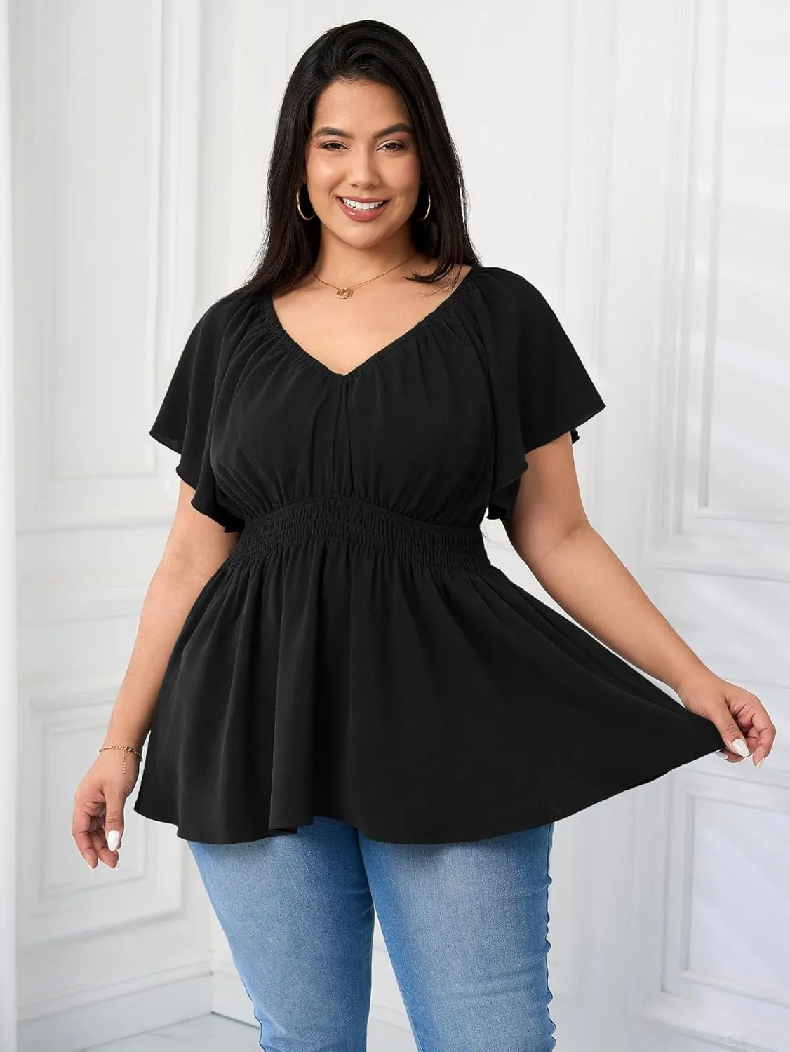 Womens Plus Size Tops V Neck Short Sleeve Blouse Babydoll Ruffle Peplum Smocked Dressy Casual Summer Top