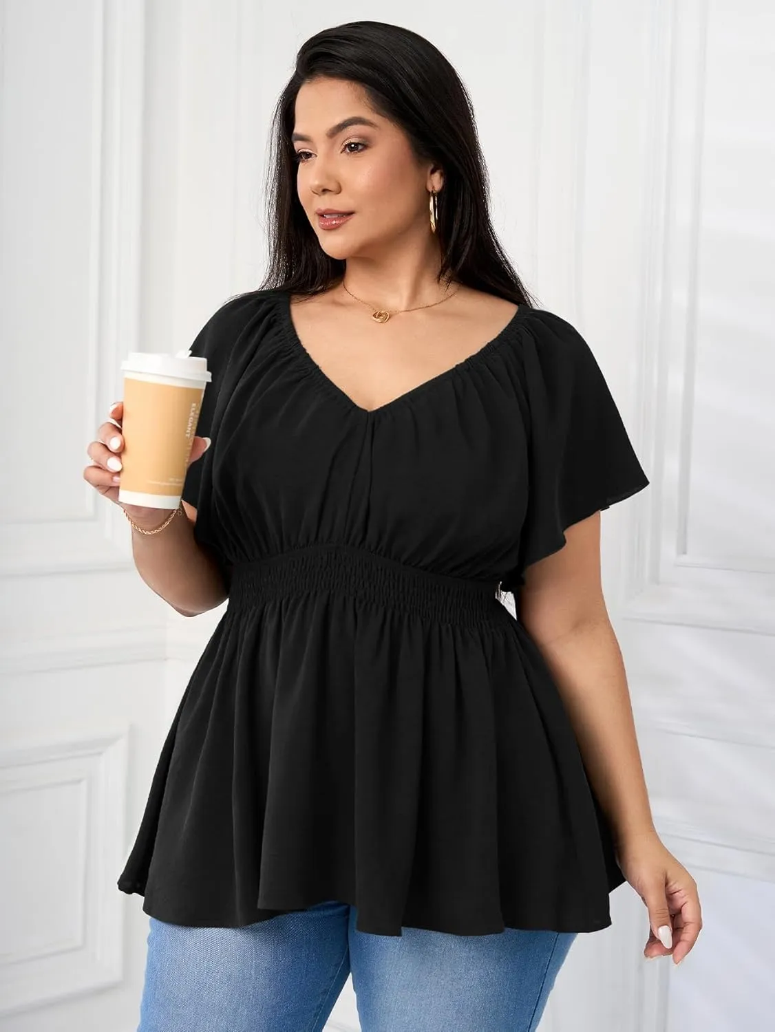 Womens Plus Size Tops V Neck Short Sleeve Blouse Babydoll Ruffle Peplum Smocked Dressy Casual Summer Top