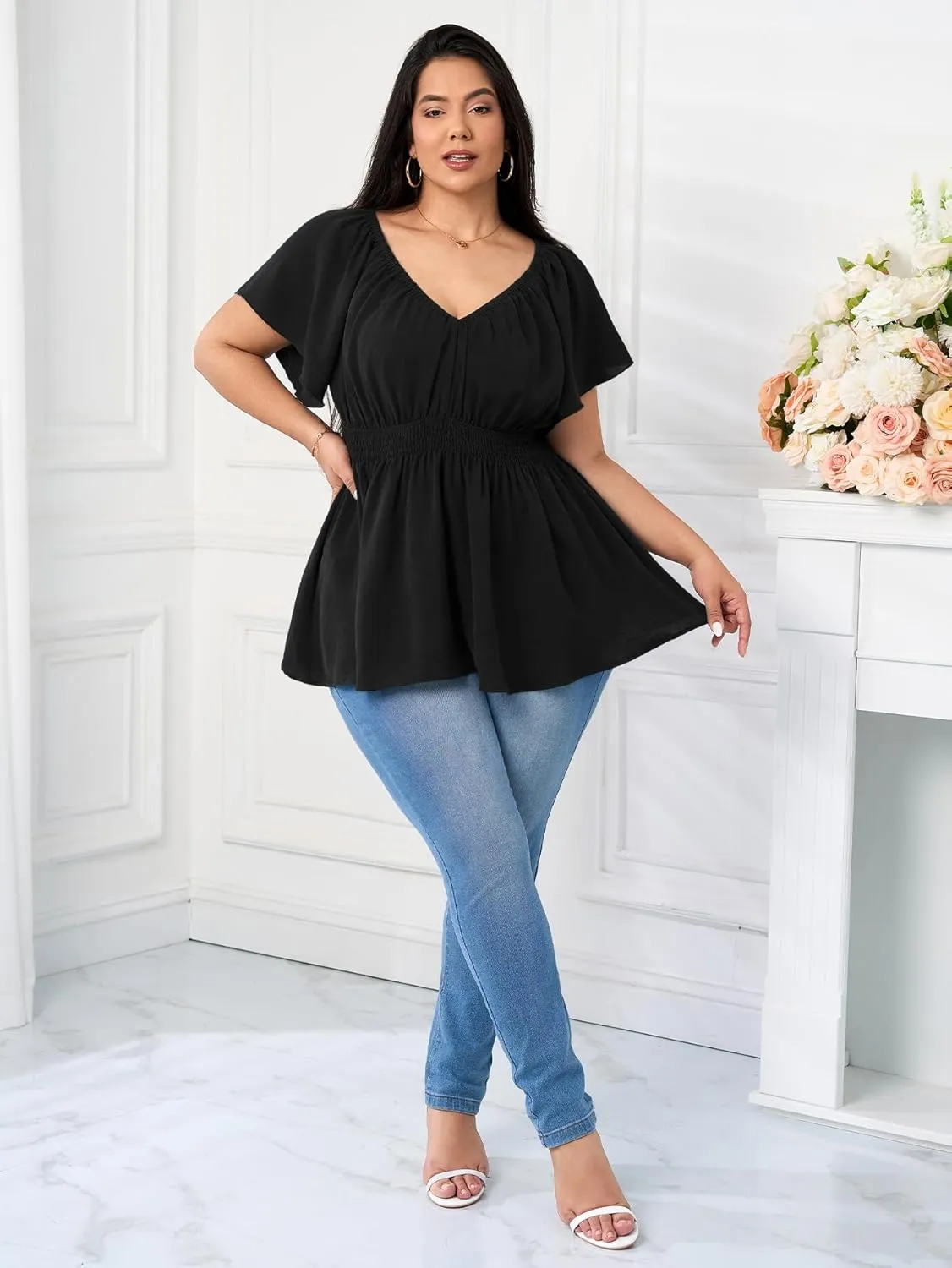 Womens Plus Size Tops V Neck Short Sleeve Blouse Babydoll Ruffle Peplum Smocked Dressy Casual Summer Top
